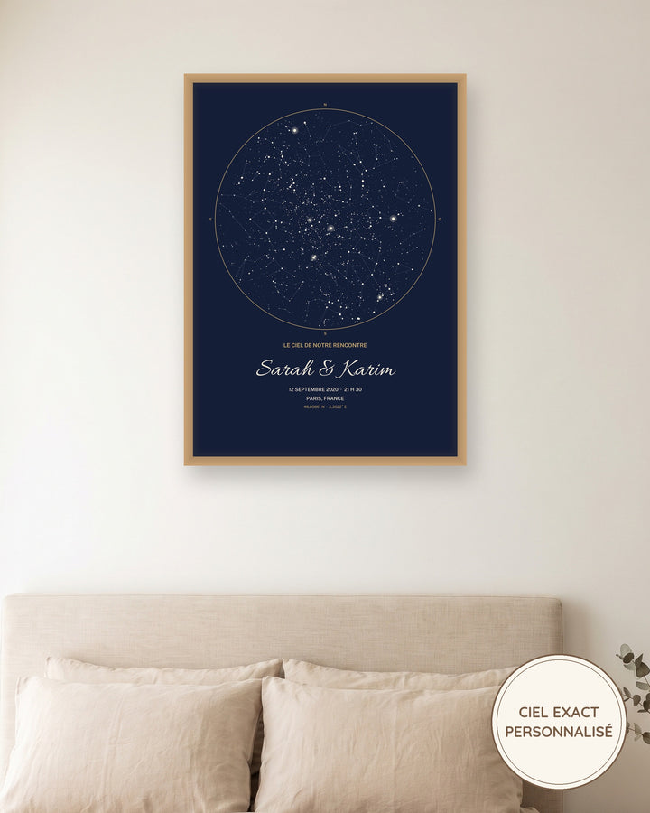 Carte du ciel personnalisée couple, le ciel de notre rencontre : l’affiche encadrée, exemple personnalisé