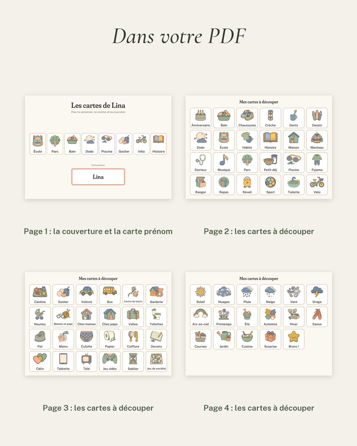 Cartes pictogrammes enfant à imprimer, 65 cartes et carte prénom : le contenu du PDF, le tableau et les cartes à découper