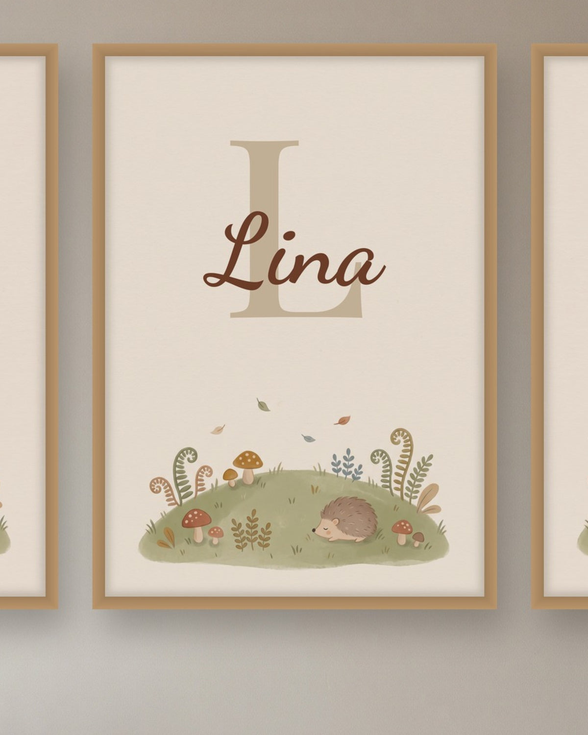 Lot de 3 affiches animaux de la forêt : l’affiche du milieu avec le prénom, exemple personnalisé