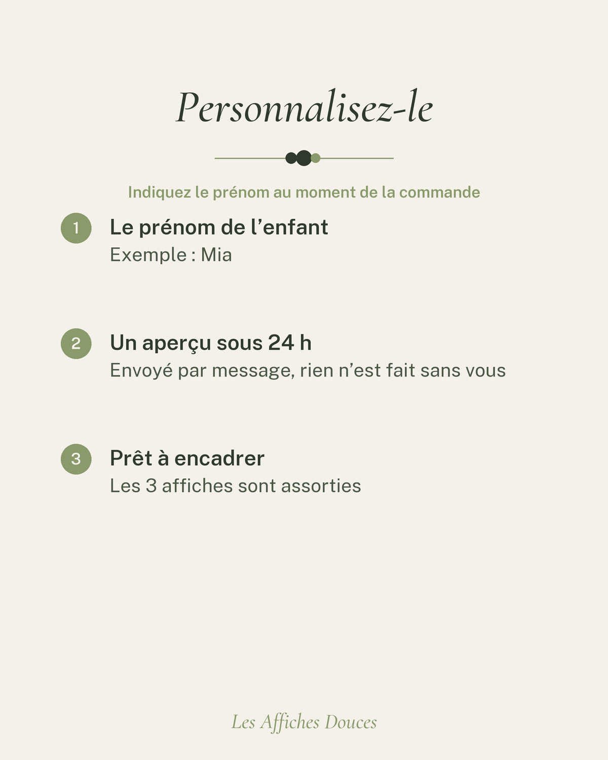 Personnalisation du lot de 3 affiches : le prénom de l’enfant, un aperçu sous 24 h, prêt à encadrer