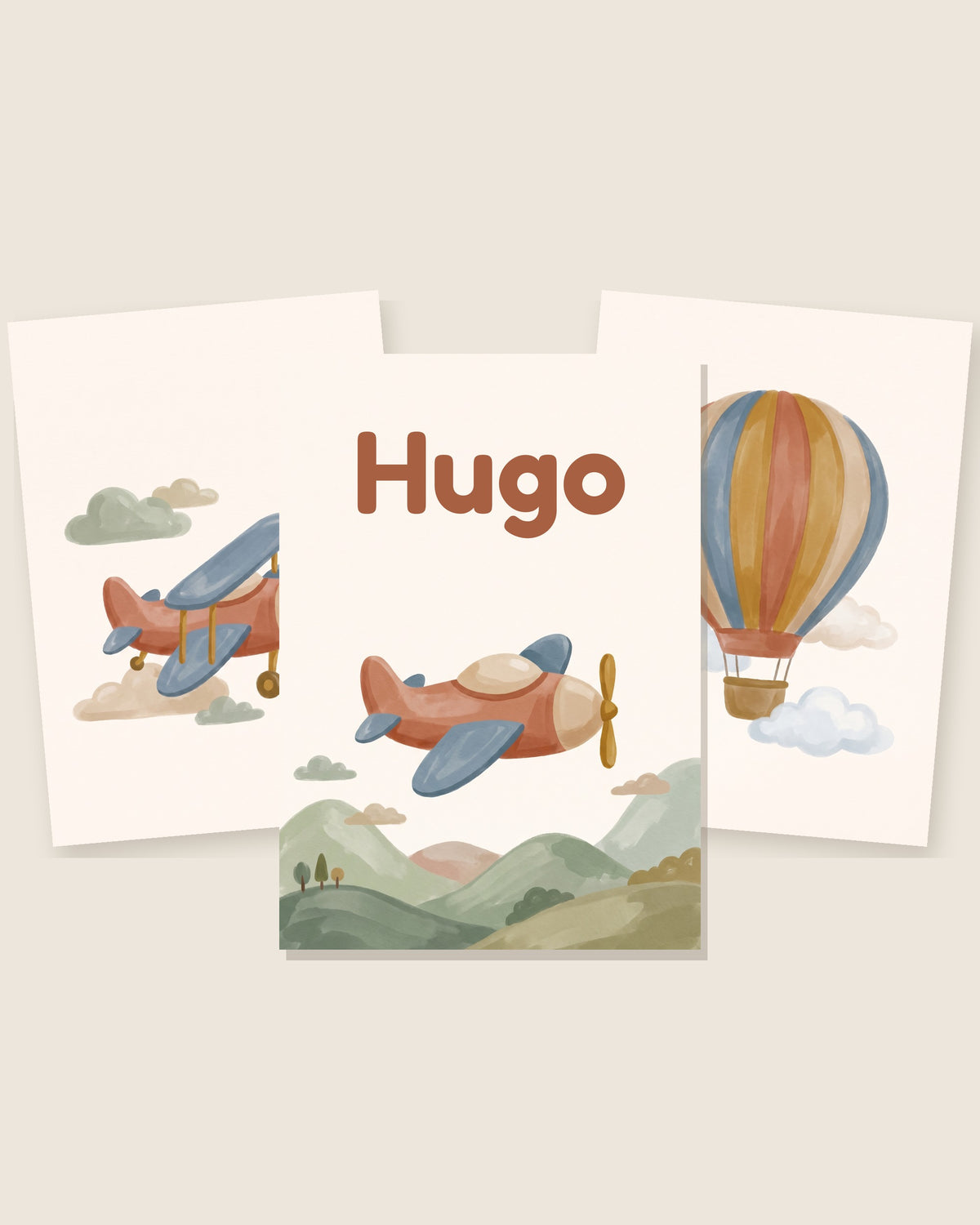 Lot de 3 affiches avions et montgolfière : les 3 affiches assorties côte à côte