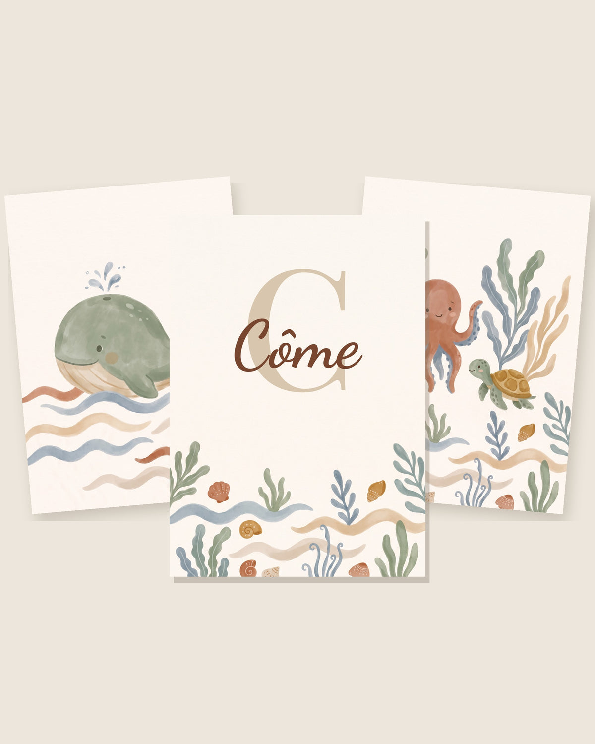Lot de 3 affiches baleine et océan : les 3 affiches assorties côte à côte