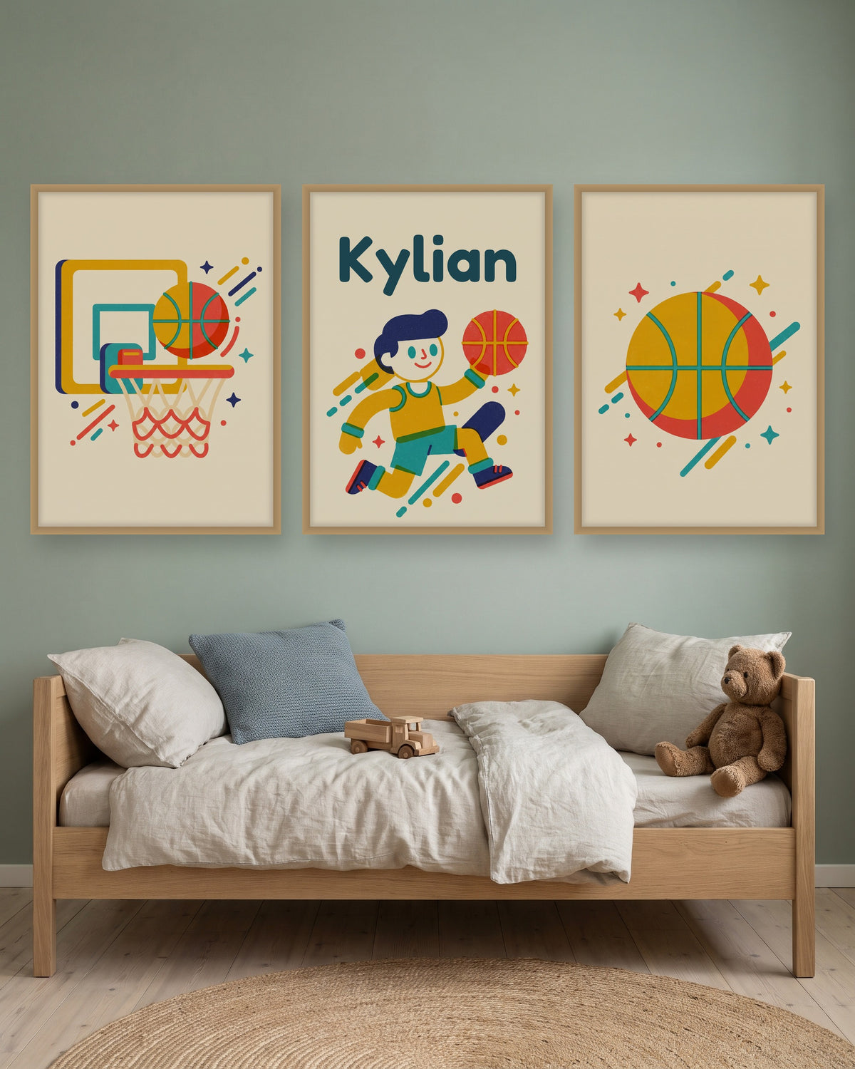 Lot de 3 affiches basket rétro encadré au-dessus d’un meuble, autre exemple de prénom
