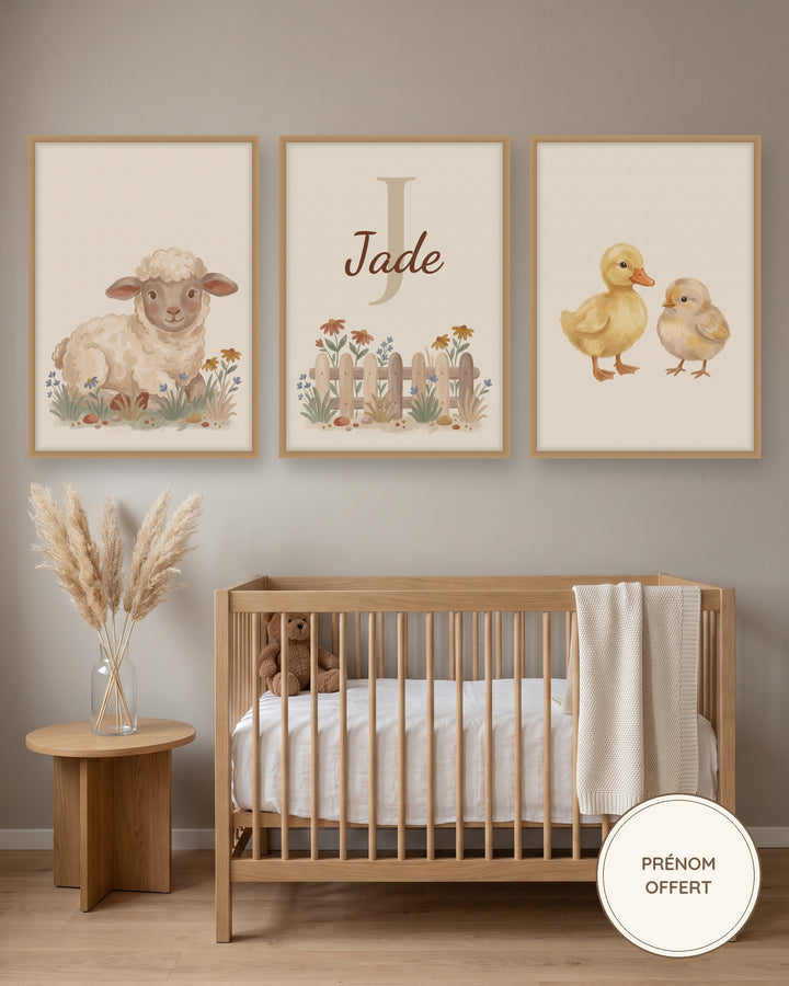 Lot de 3 affiches bébés animaux de la ferme : les 3 affiches encadrées dans une chambre de bébé, exemple avec prénom