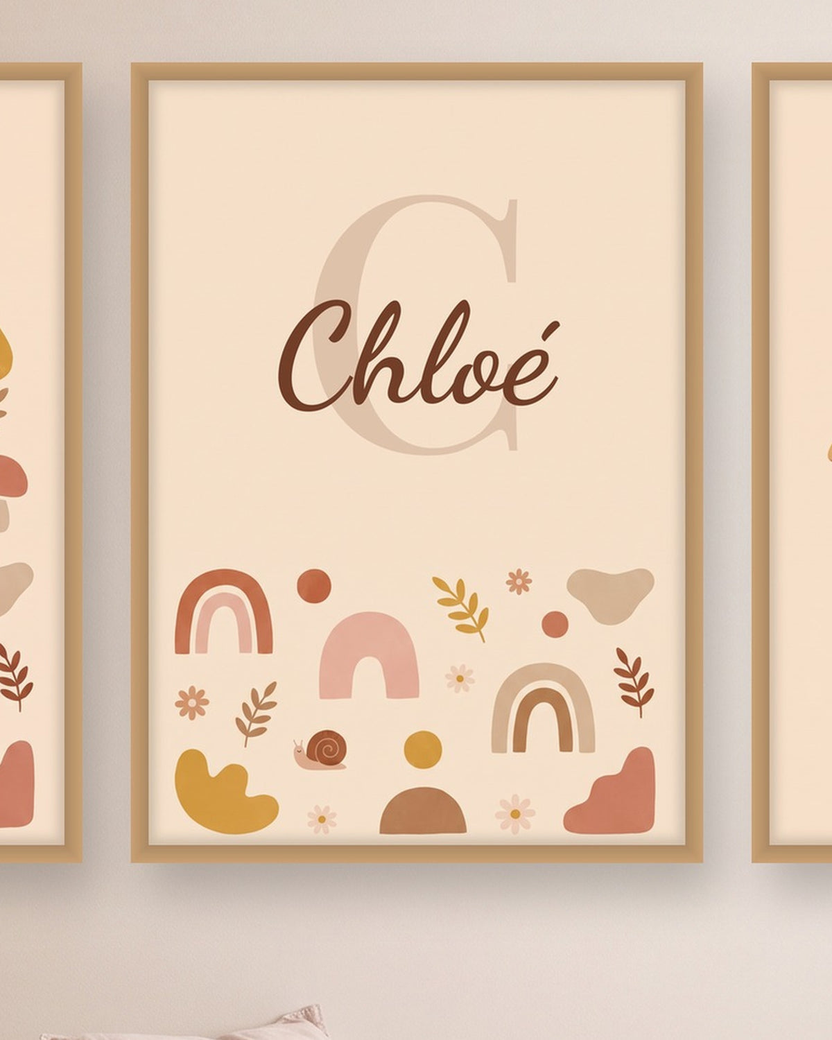 Lot de 3 affiches champignons bohème : l’affiche du milieu avec le prénom, exemple personnalisé