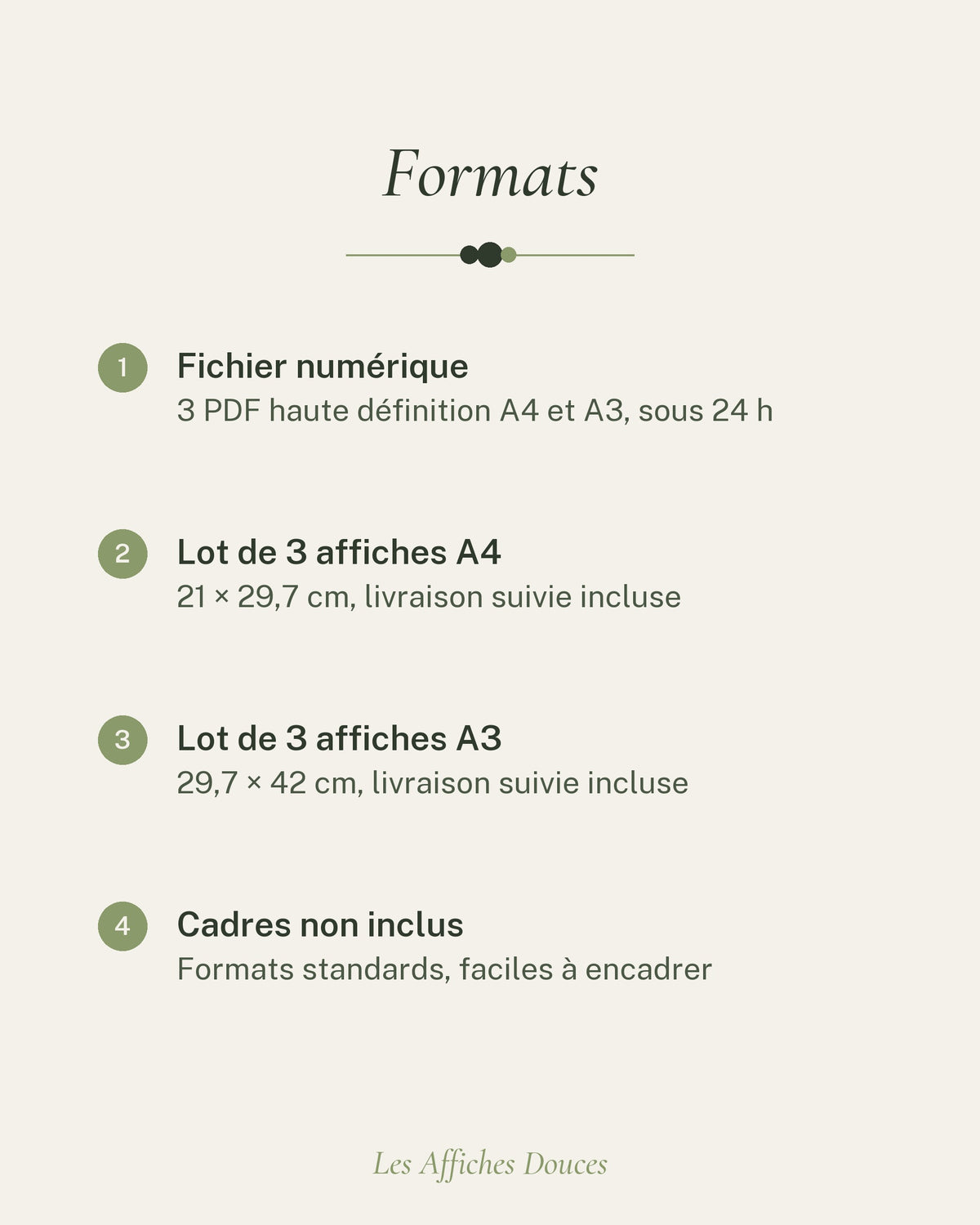 Formats du lot de 3 affiches : fichier numérique, 3 affiches A4 ou 3 affiches A3, cadres non inclus
