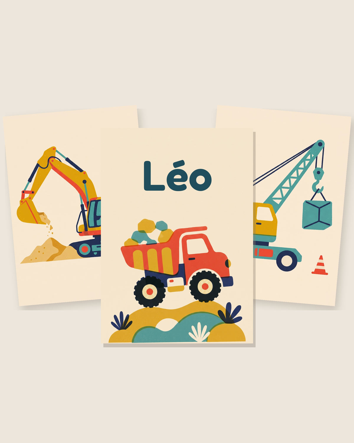 Lot de 3 affiches engins de chantier rétro : les 3 affiches assorties côte à côte