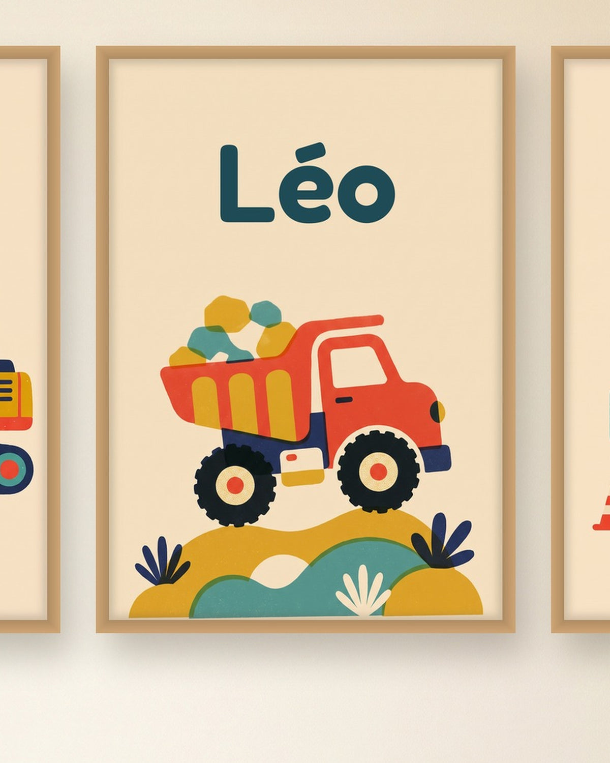 Lot de 3 affiches engins de chantier rétro : l’affiche du milieu avec le prénom, exemple personnalisé