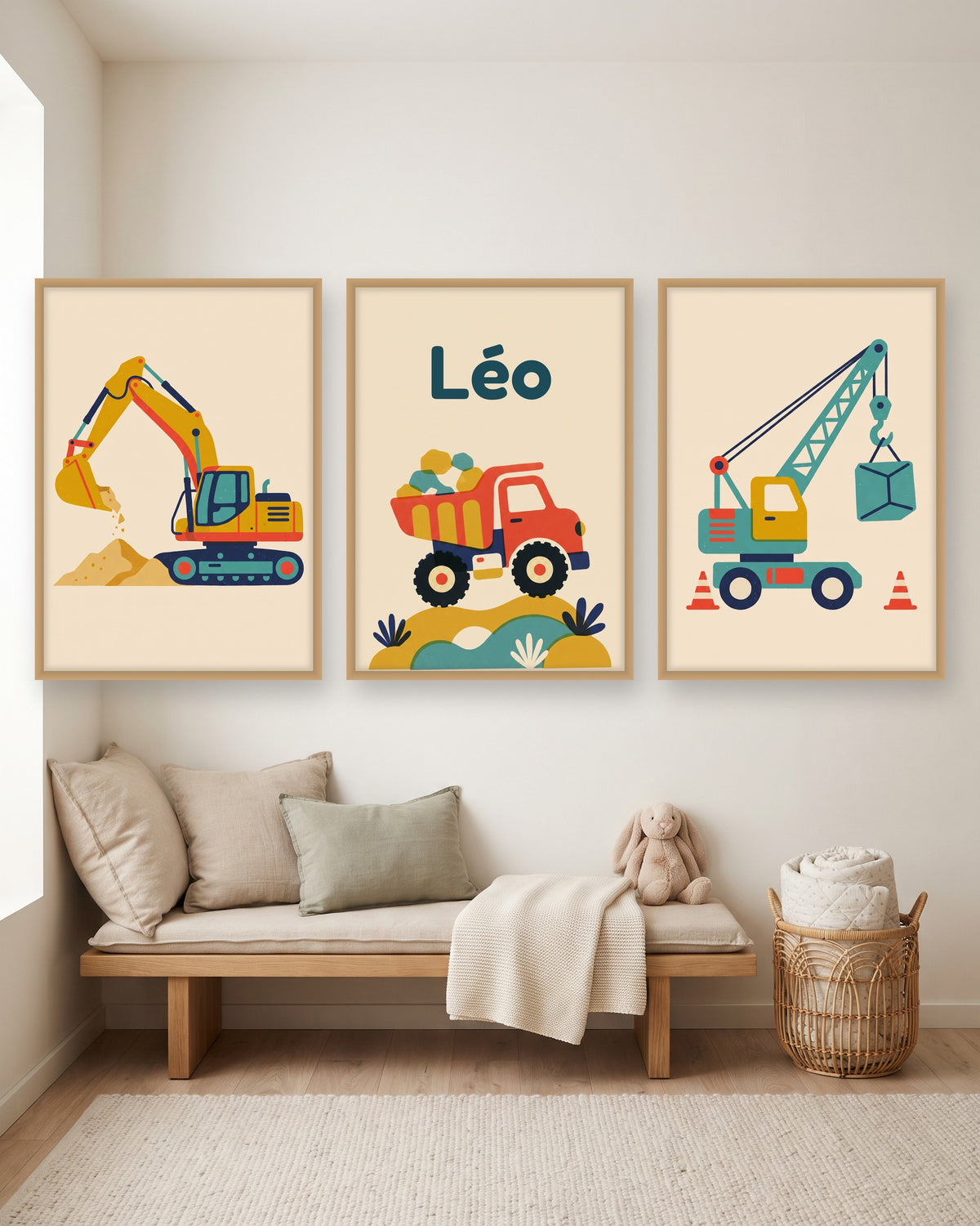 Lot de 3 affiches engins de chantier rétro encadré au-dessus d’un meuble, autre exemple de prénom
