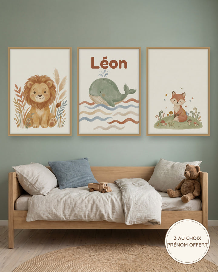 Lot de 3 affiches enfant au choix parmi 100 illustrations, prénom offert : l’affiche encadrée, exemple personnalisé