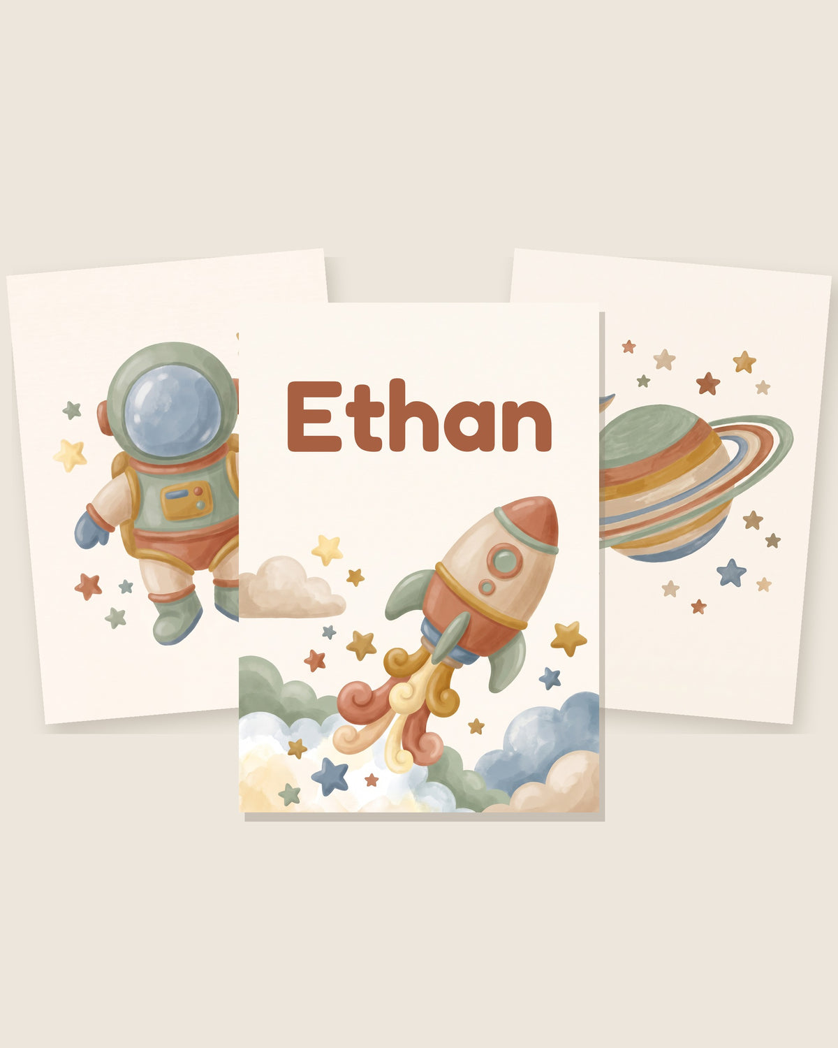 Lot de 3 affiches espace astronaute aquarelle : les 3 affiches assorties côte à côte