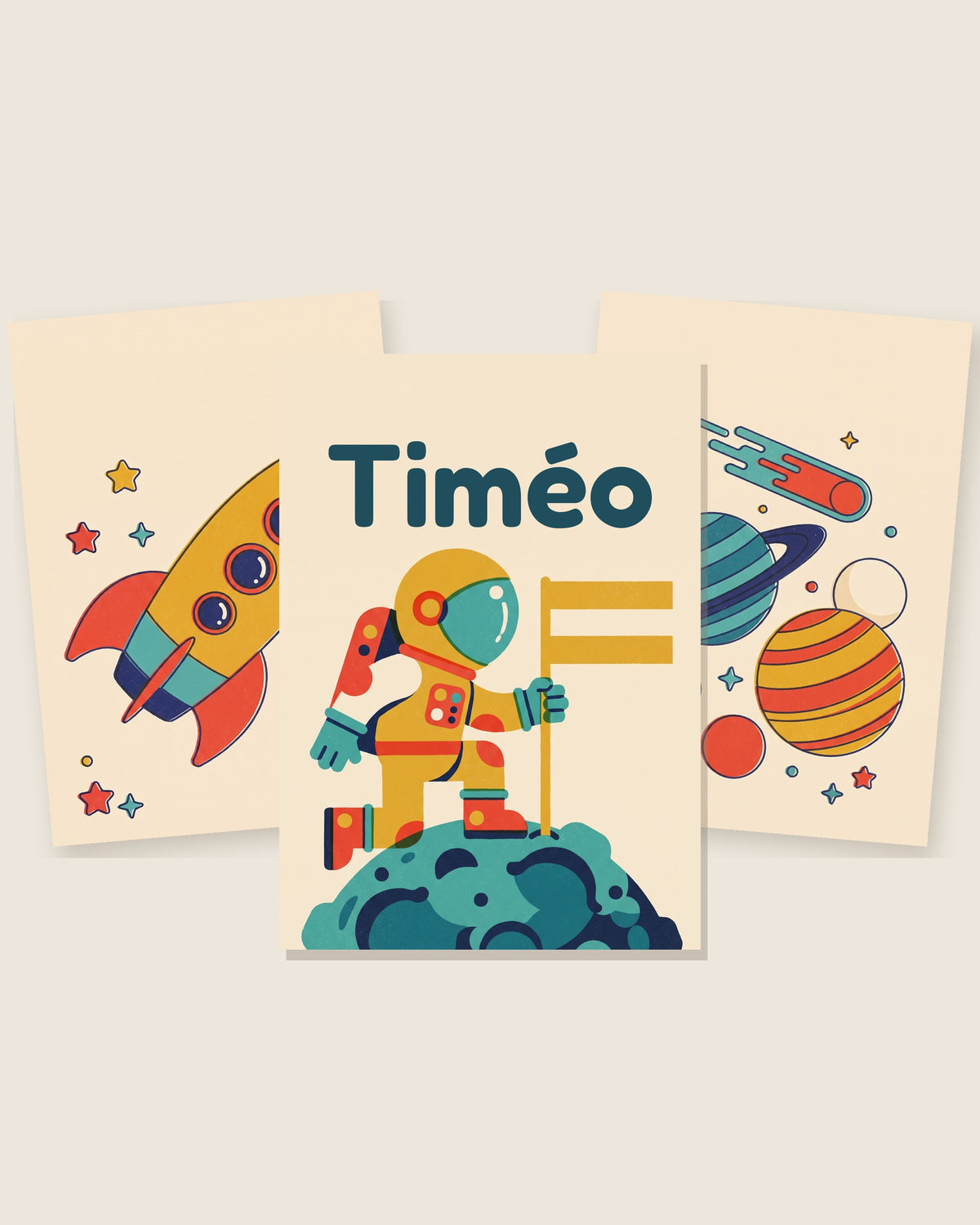 Lot de 3 affiches espace fusée rétro : les 3 affiches assorties côte à côte