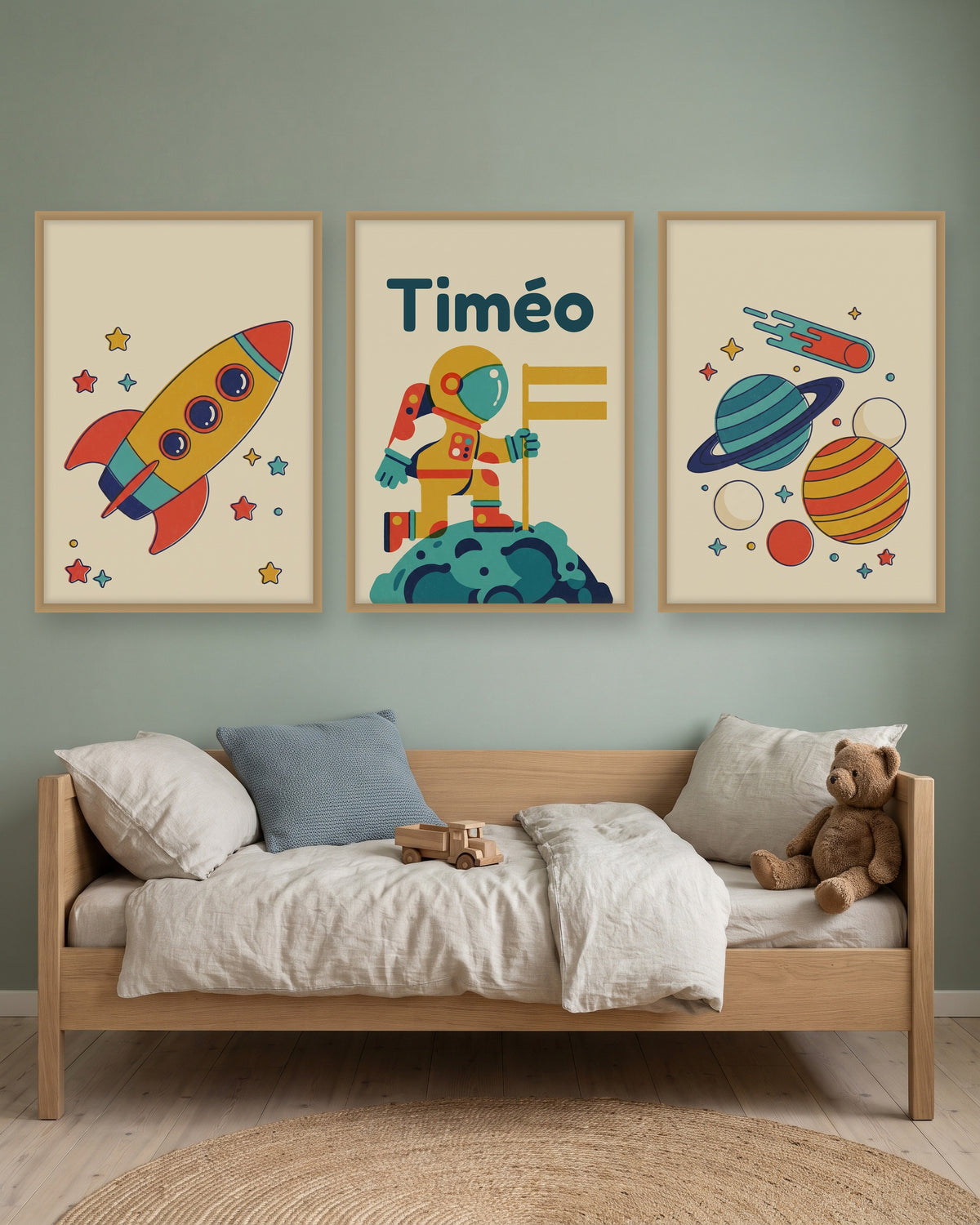 Lot de 3 affiches espace fusée rétro encadré au-dessus d’un meuble, autre exemple de prénom