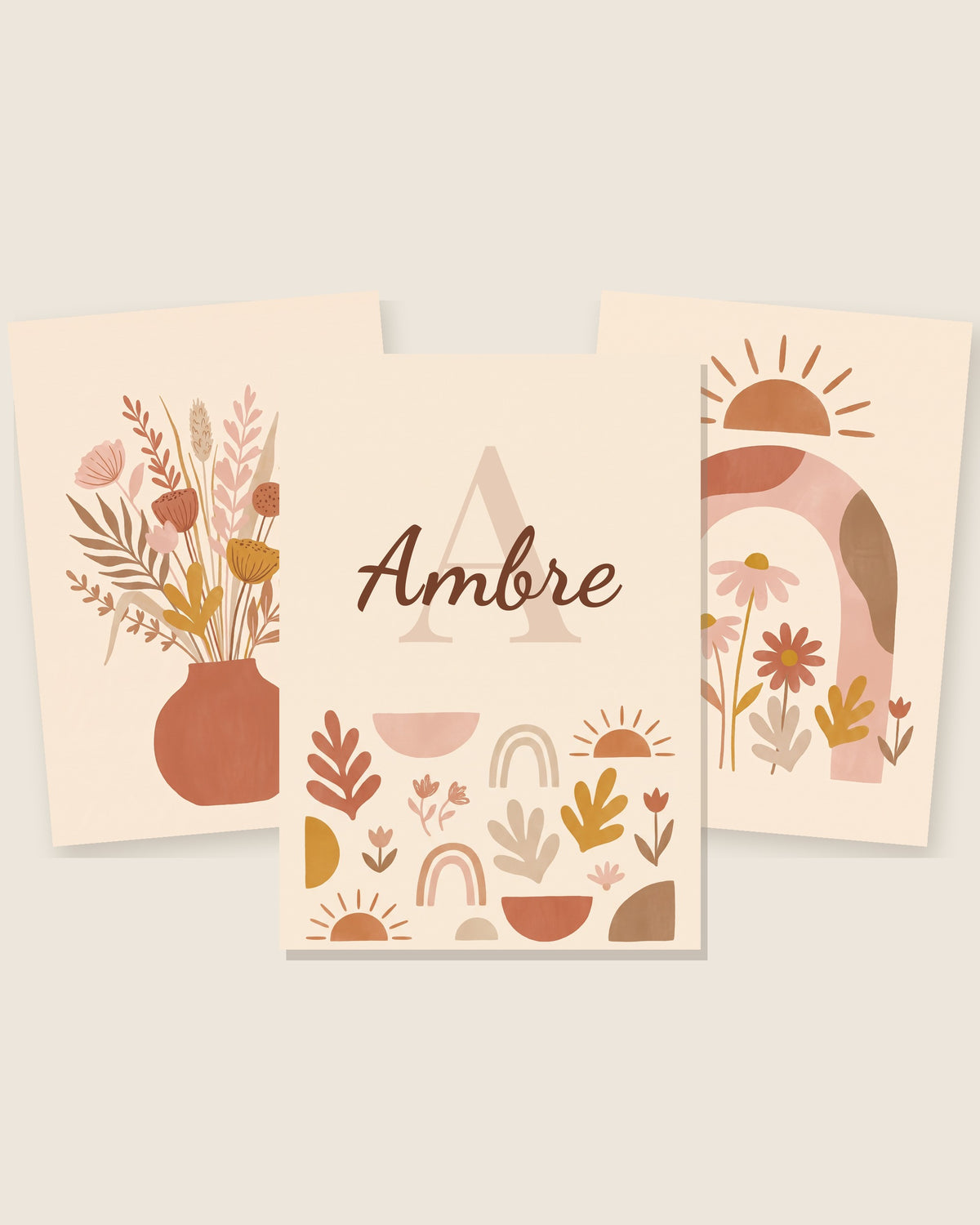 Lot de 3 affiches fleurs bohème : les 3 affiches assorties côte à côte