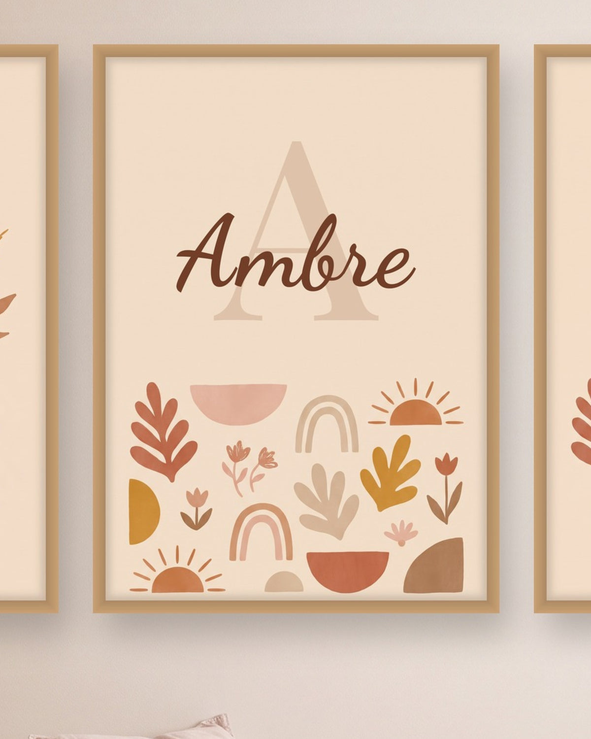 Lot de 3 affiches fleurs bohème : l’affiche du milieu avec le prénom, exemple personnalisé