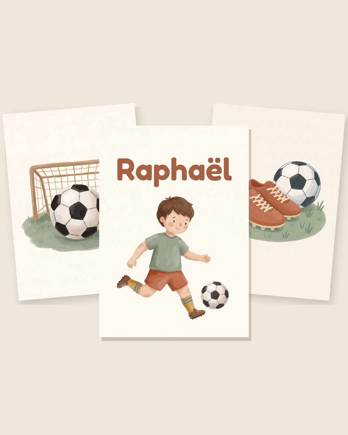 Lot de 3 affiches foot aquarelle : les 3 affiches assorties côte à côte