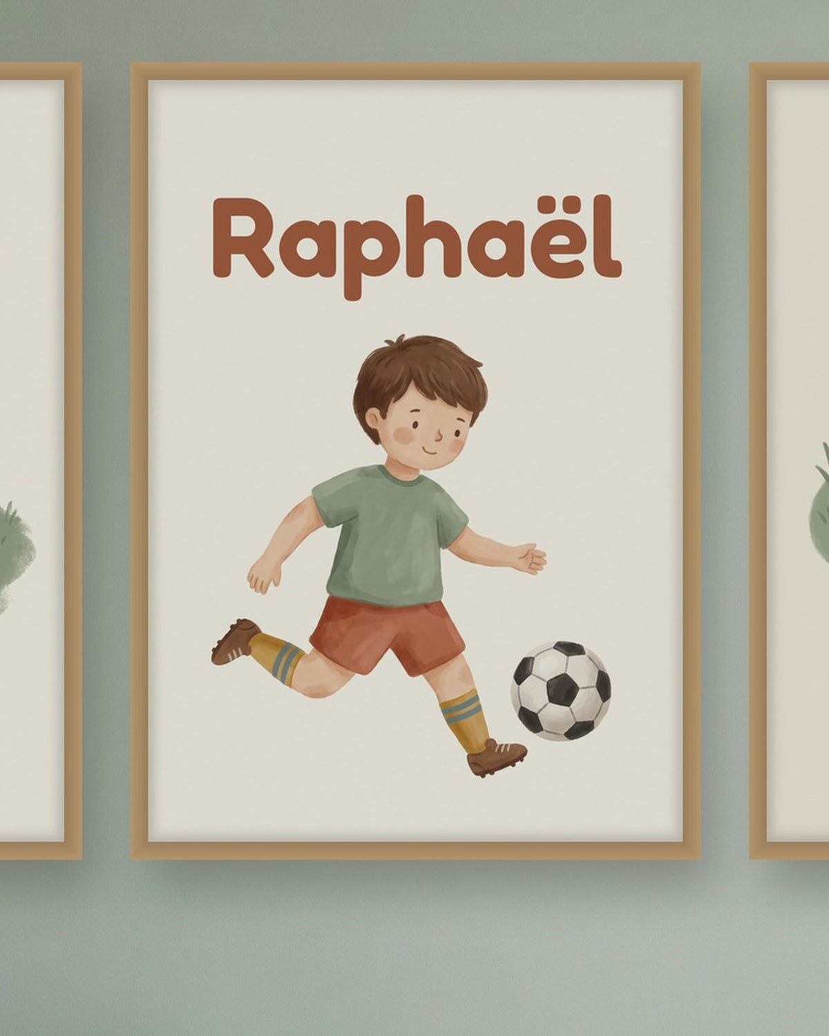 Lot de 3 affiches foot aquarelle : l’affiche du milieu avec le prénom, exemple personnalisé