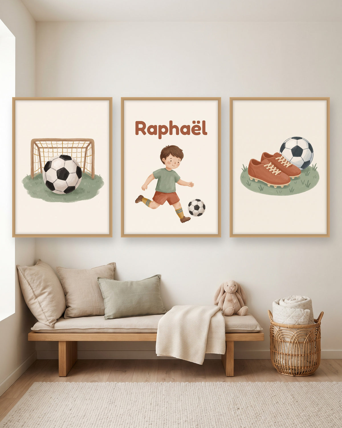Lot de 3 affiches foot aquarelle encadré au-dessus d’un meuble, autre exemple de prénom