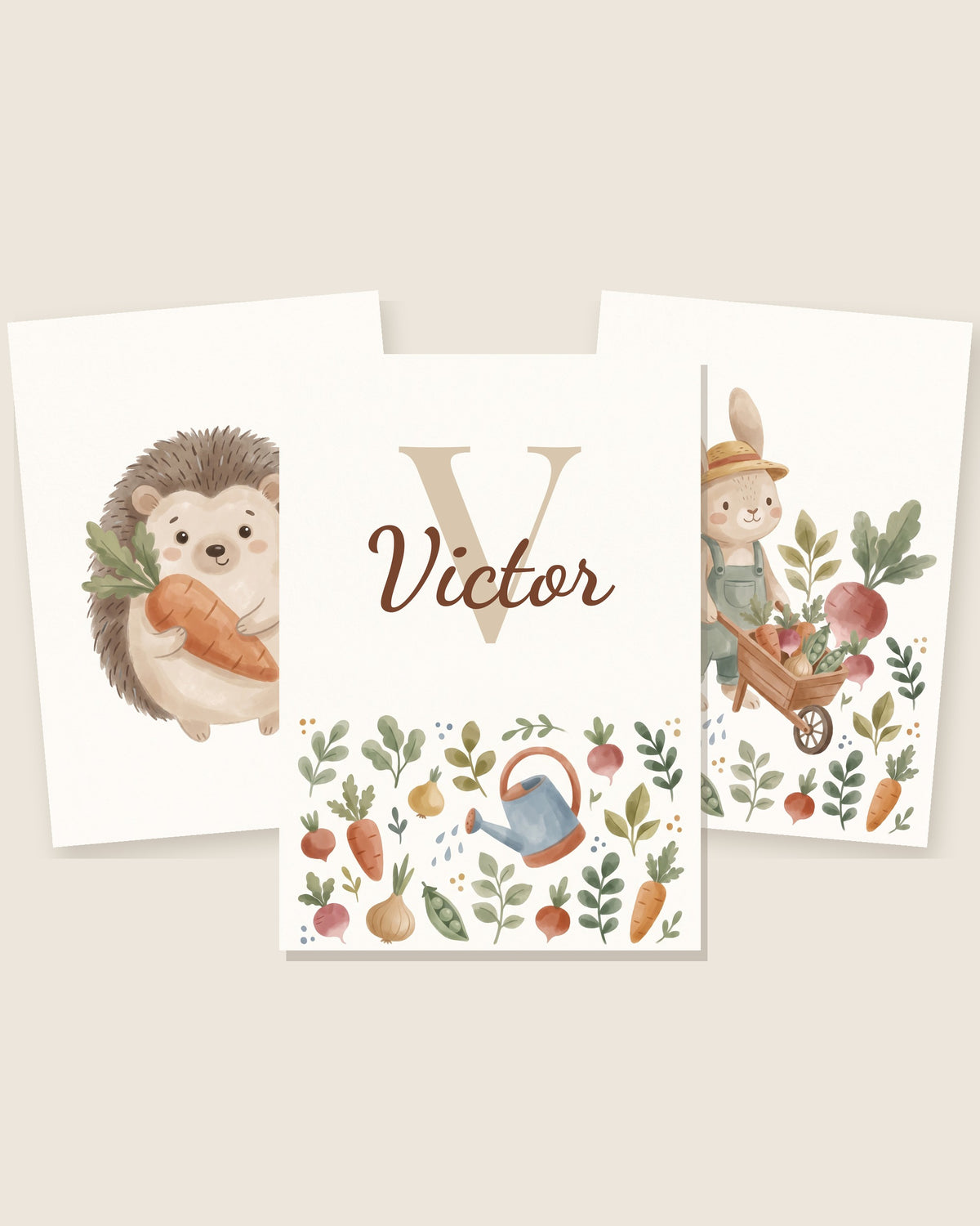 Lot de 3 affiches jardin potager hérisson : les 3 affiches assorties côte à côte