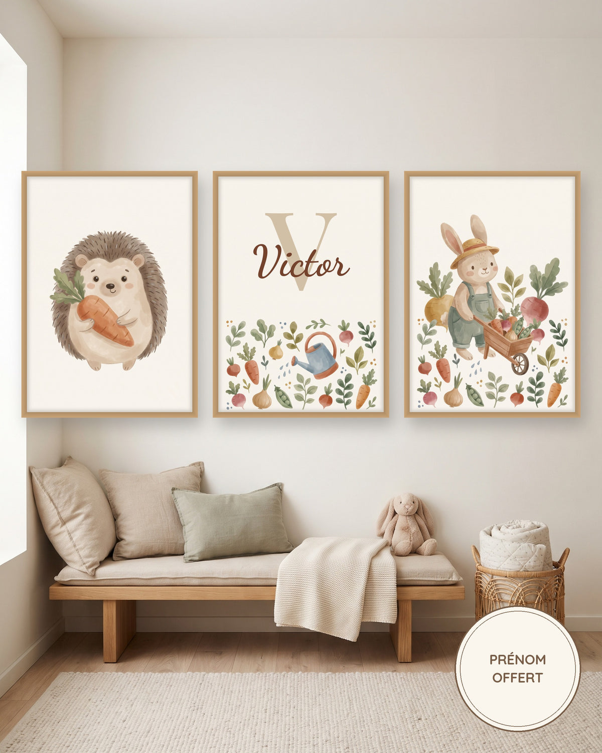 Lot de 3 affiches jardin potager hérisson : les 3 affiches encadrées dans une chambre de bébé, exemple avec prénom