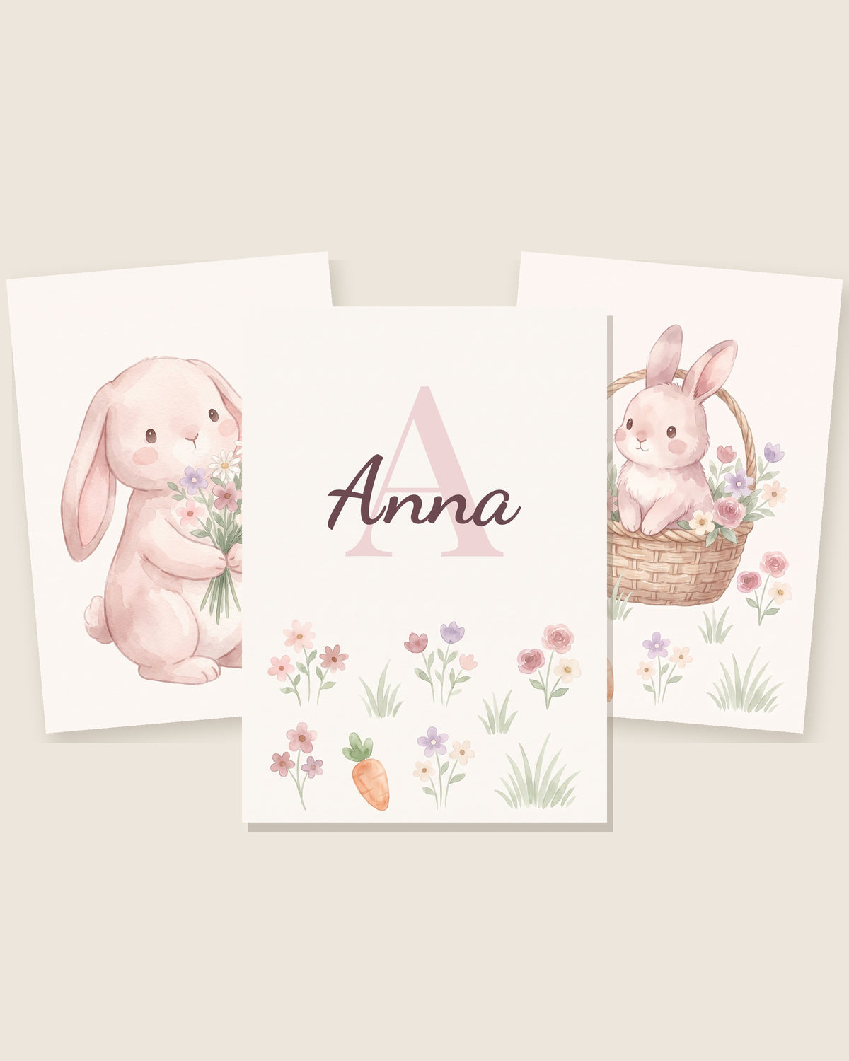 Lot de 3 affiches lapins et fleurs pastel : les 3 affiches assorties côte à côte