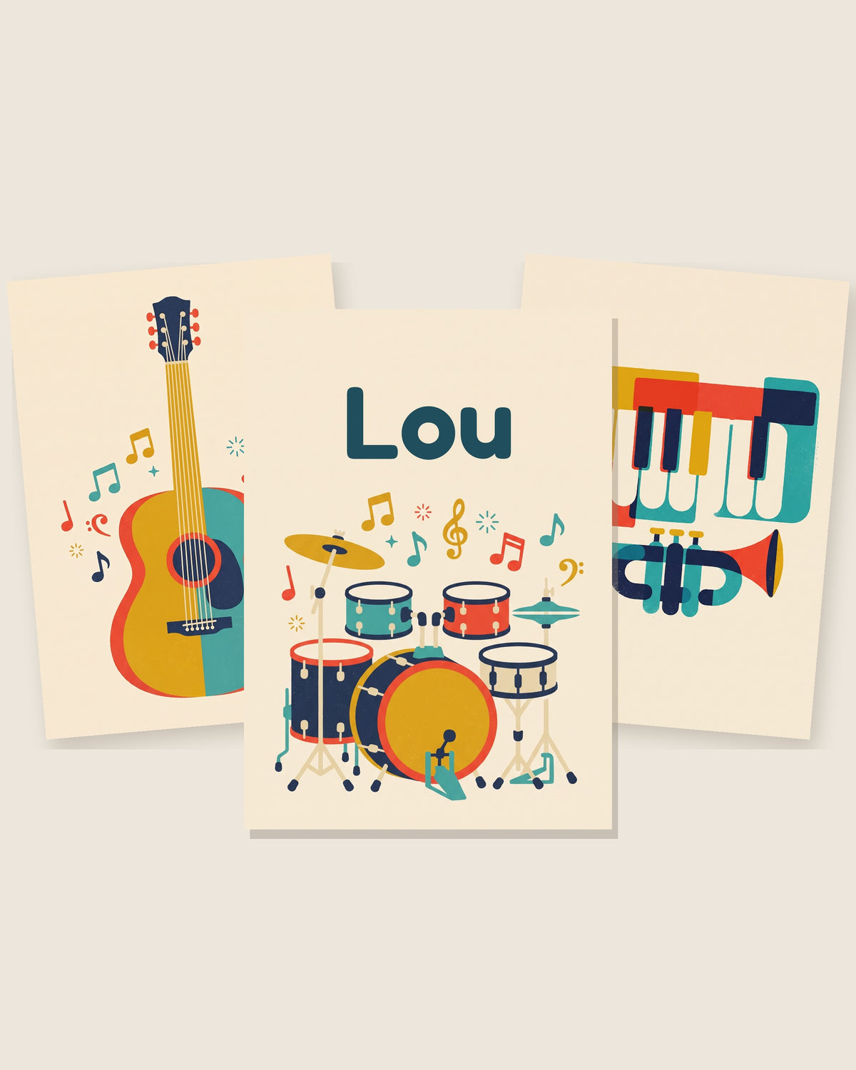 Lot de 3 affiches musique rétro : les 3 affiches assorties côte à côte