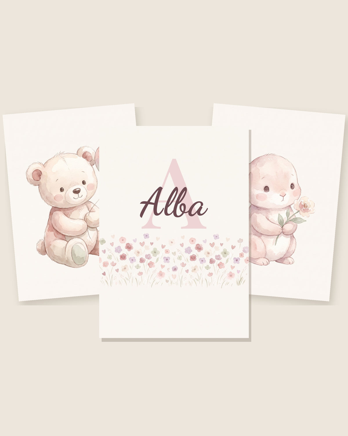 Lot de 3 affiches ourson et lapin pastel : les 3 affiches assorties côte à côte