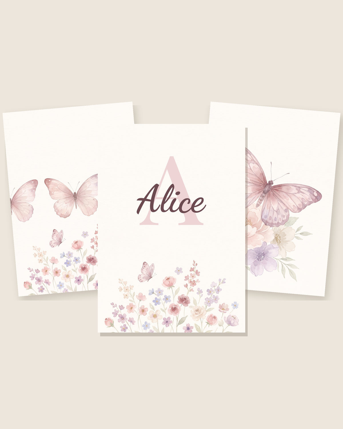 Lot de 3 affiches papillons pastel : les 3 affiches assorties côte à côte