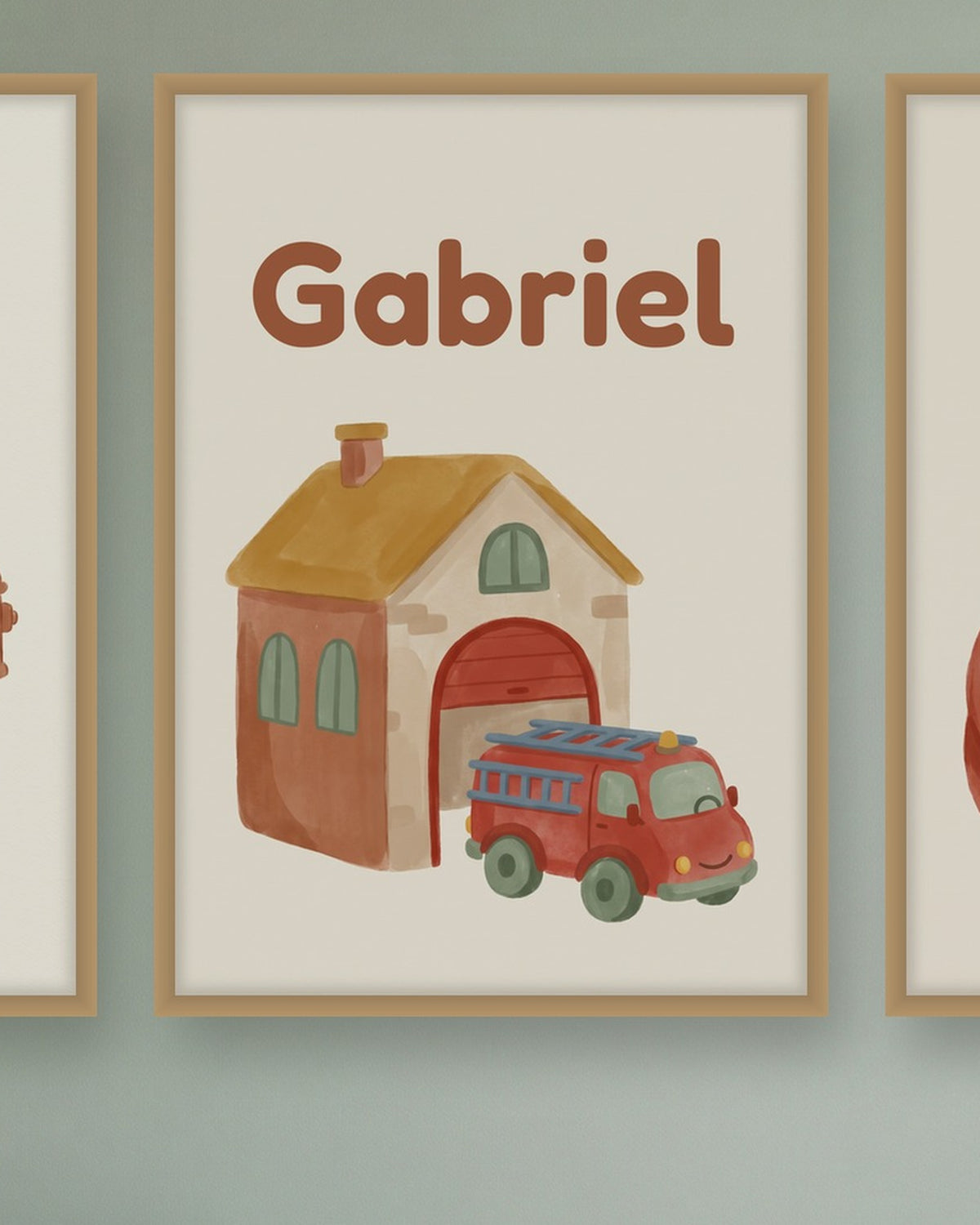 Lot de 3 affiches pompiers aquarelle : l’affiche du milieu avec le prénom, exemple personnalisé