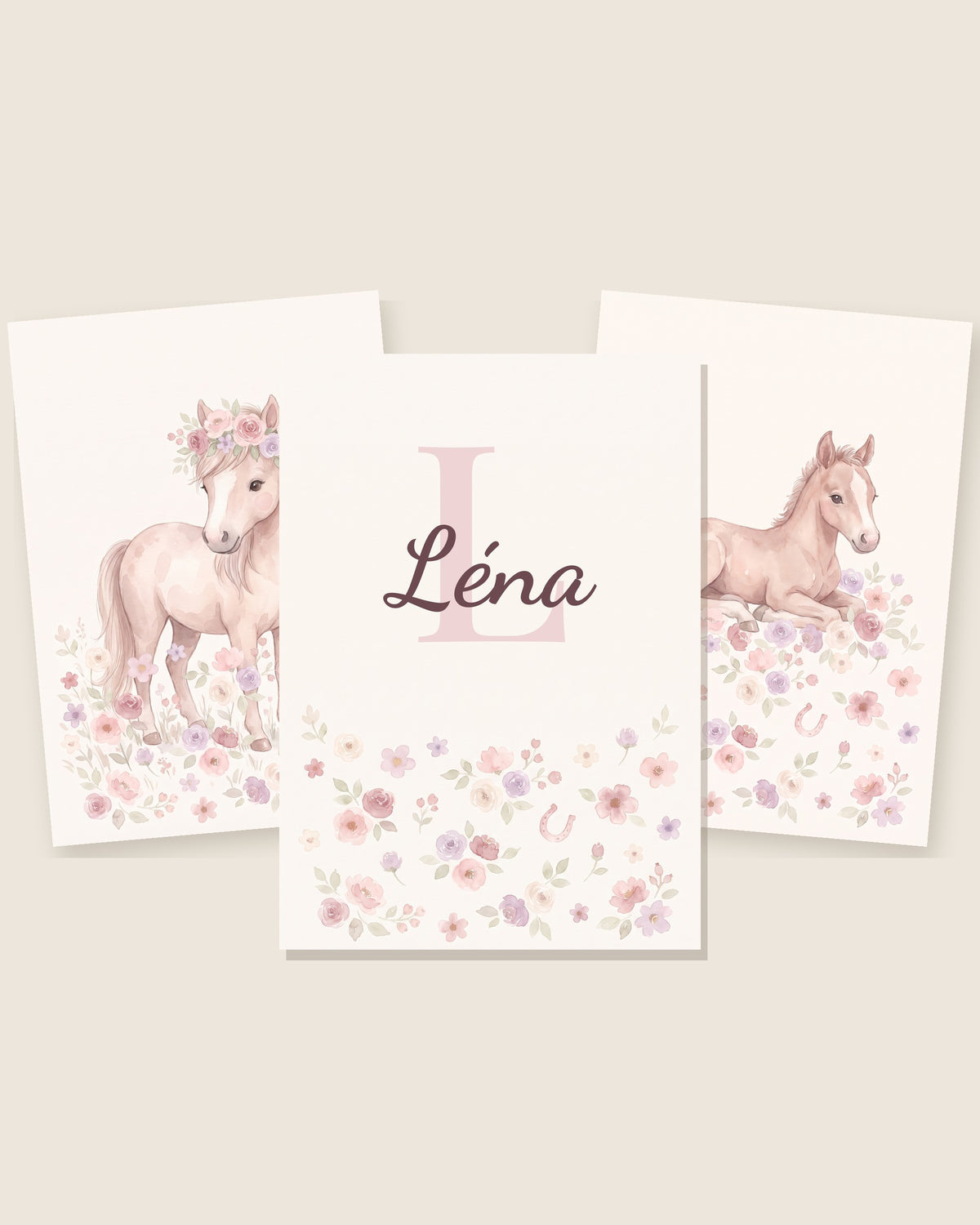 Lot de 3 affiches poneys pastel : les 3 affiches assorties côte à côte