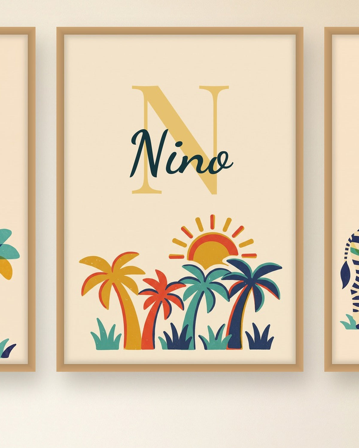 Lot de 3 affiches savane rétro : l’affiche du milieu avec le prénom, exemple personnalisé