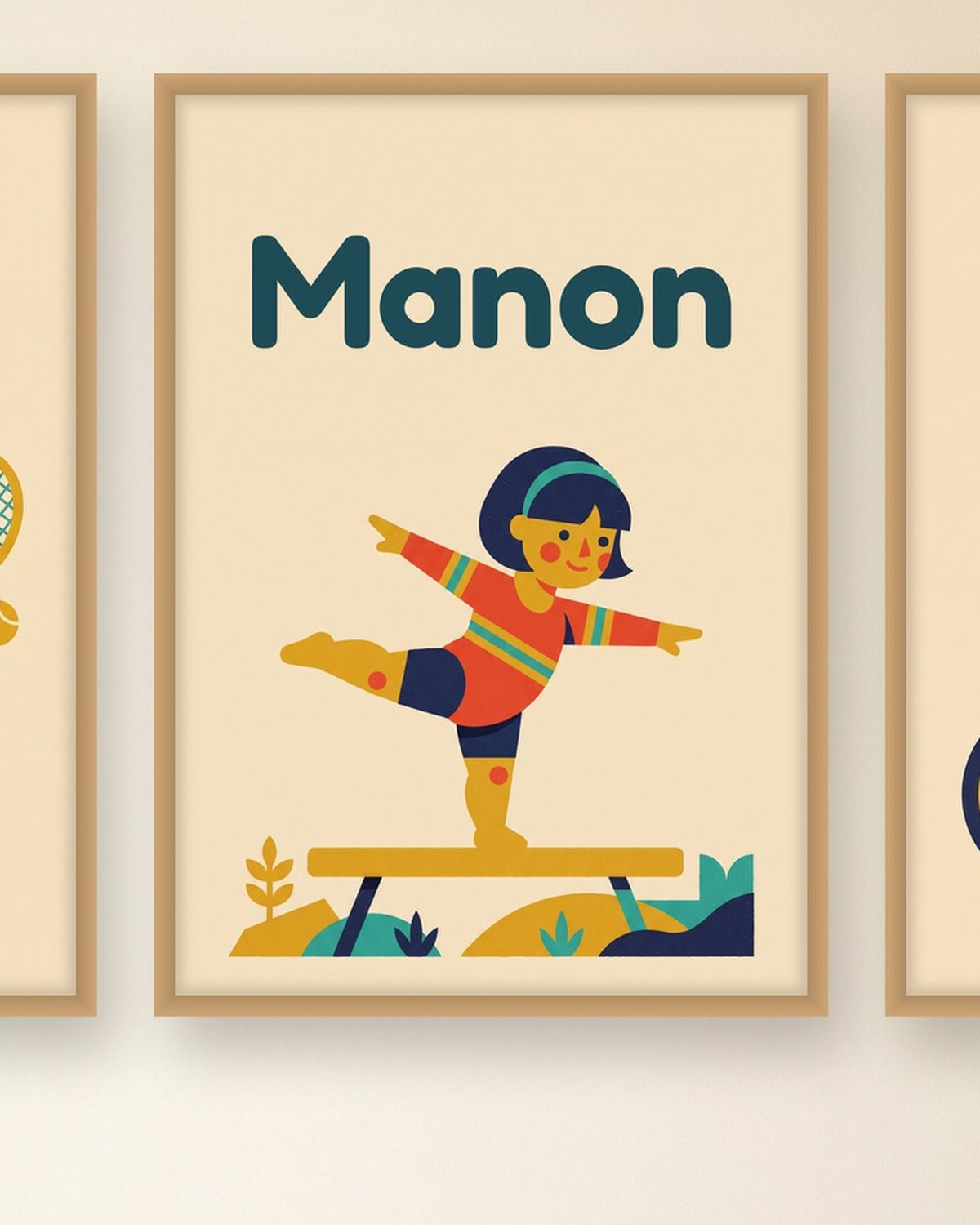 Lot de 3 affiches sport fille rétro : l’affiche du milieu avec le prénom, exemple personnalisé
