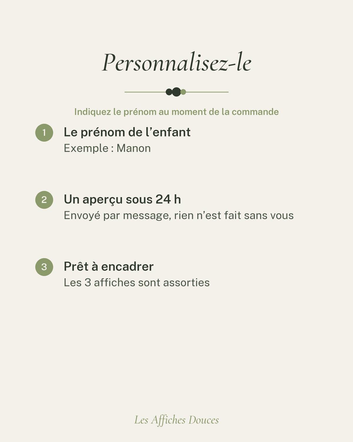 Personnalisation du lot de 3 affiches : le prénom de l’enfant, un aperçu sous 24 h, prêt à encadrer