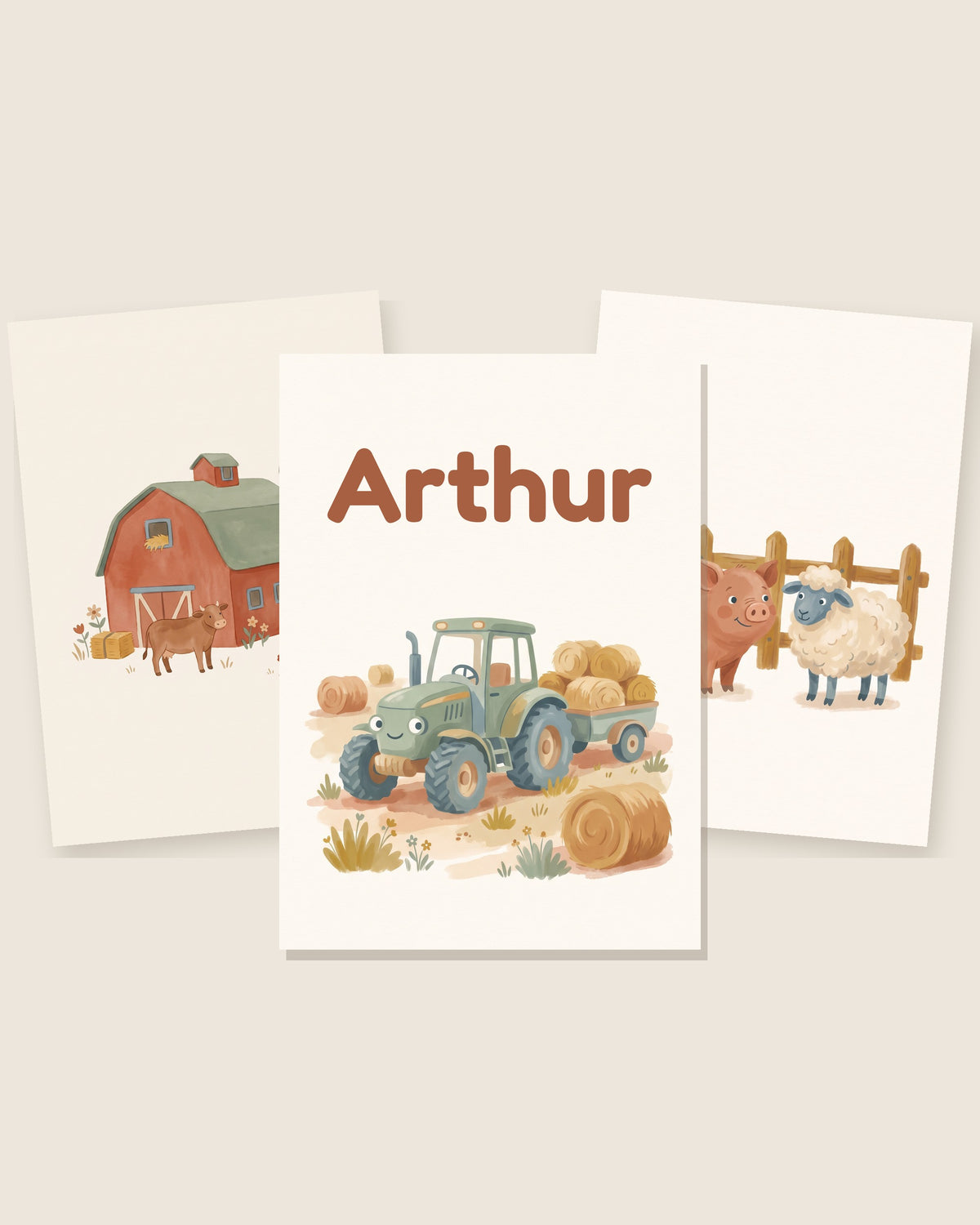 Lot de 3 affiches tracteur et ferme aquarelle : les 3 affiches assorties côte à côte