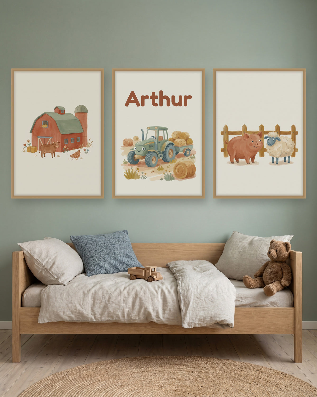 Lot de 3 affiches tracteur et ferme aquarelle encadré au-dessus d’un meuble, autre exemple de prénom