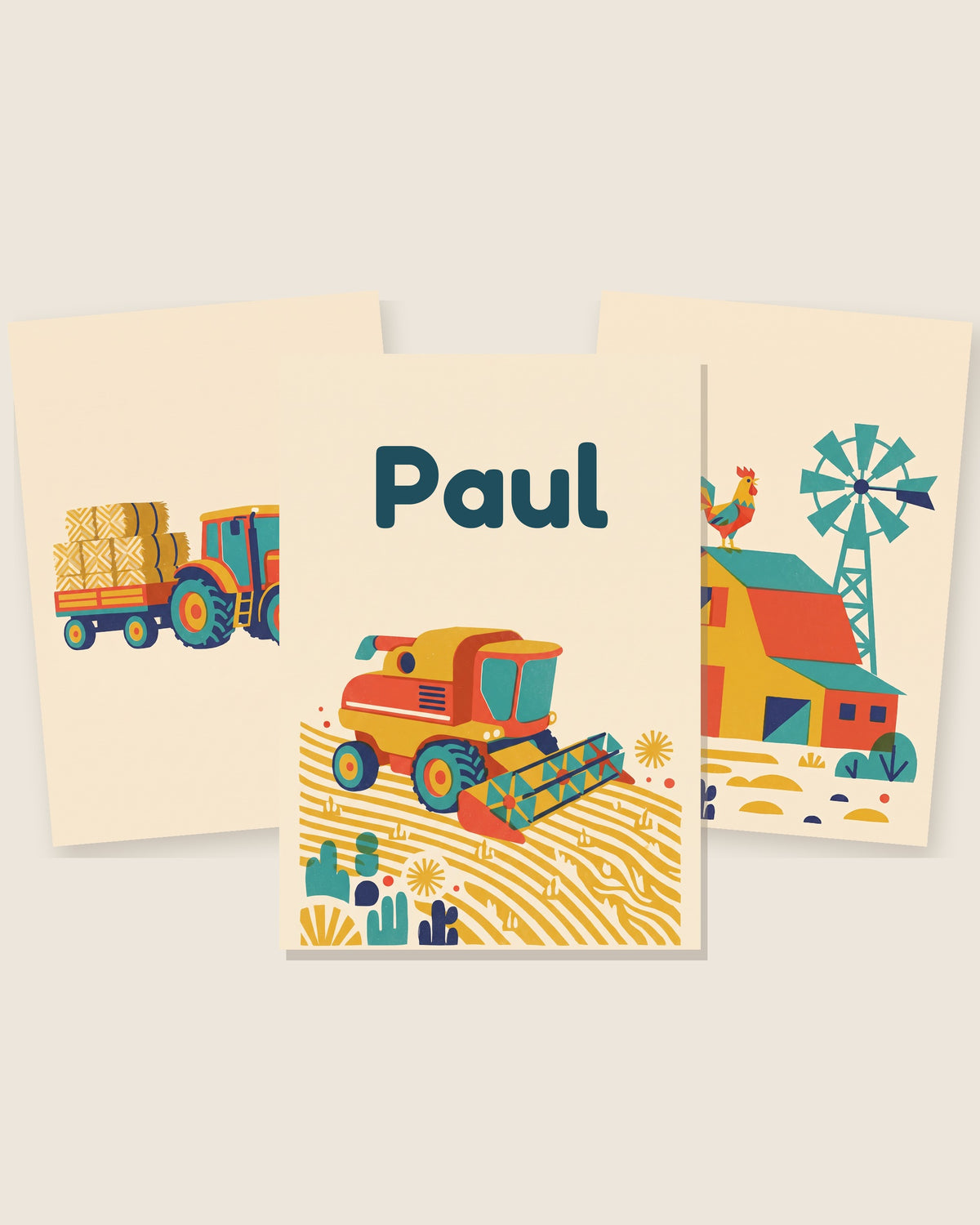 Lot de 3 affiches tracteur et ferme rétro : les 3 affiches assorties côte à côte