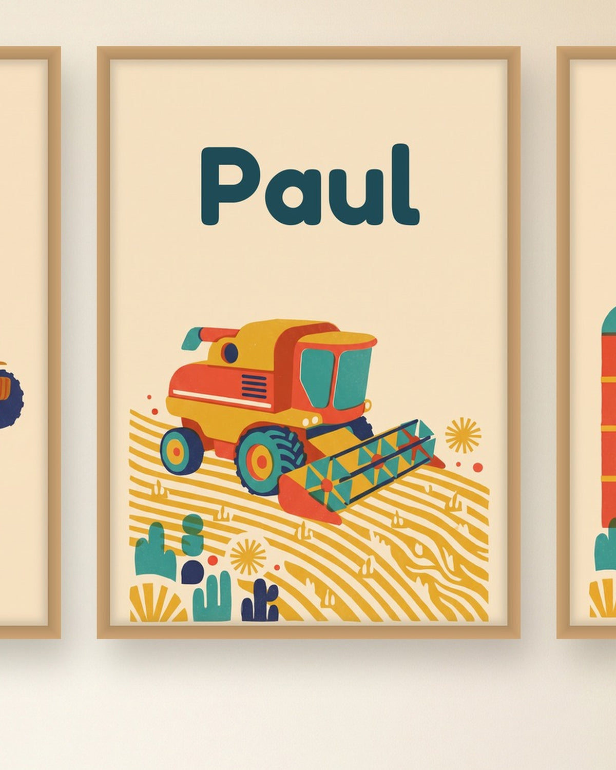 Lot de 3 affiches tracteur et ferme rétro : l’affiche du milieu avec le prénom, exemple personnalisé