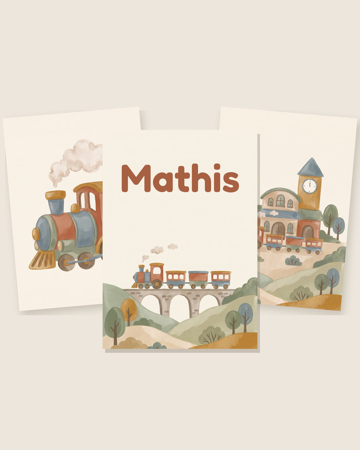 Lot de 3 affiches trains aquarelle : les 3 affiches assorties côte à côte