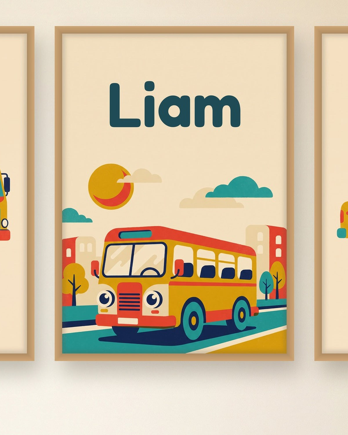 Lot de 3 affiches véhicules de la ville rétro : l’affiche du milieu avec le prénom, exemple personnalisé