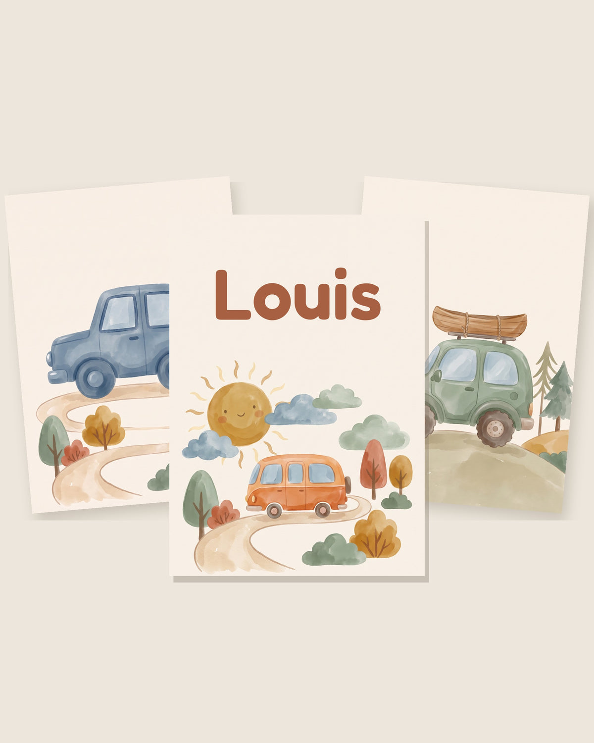 Lot de 3 affiches voitures vintage aquarelle : les 3 affiches assorties côte à côte