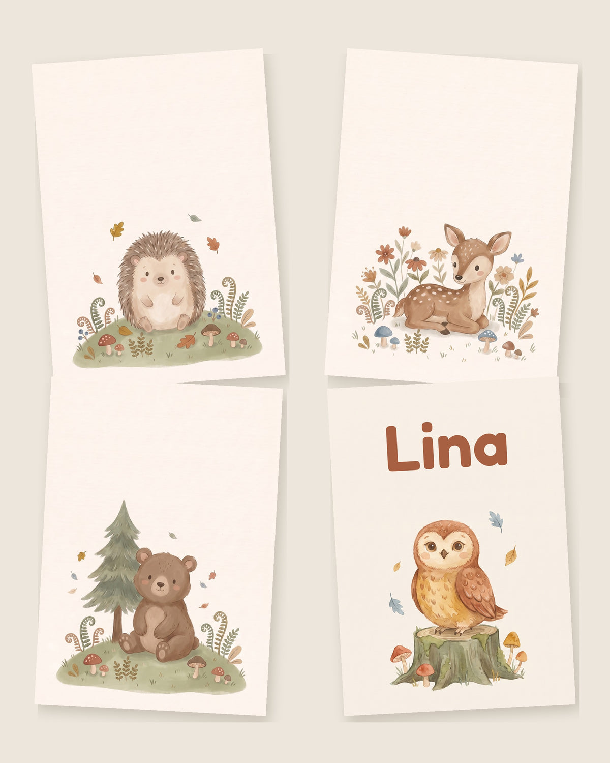 Lot de 4 affiches animaux de la forêt aquarelle, avec ou sans prénom : les 4 affiches assorties