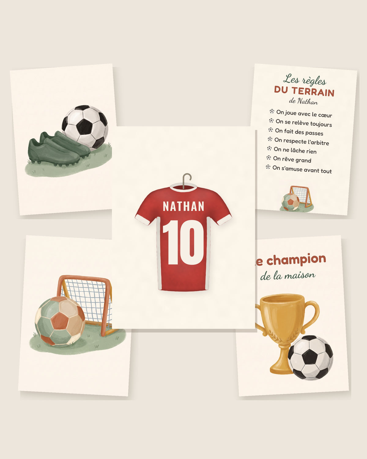 Lot de 5 affiches foot personnalisées, maillot, coupe et règles du terrain : les 5 affiches assorties côte à côte