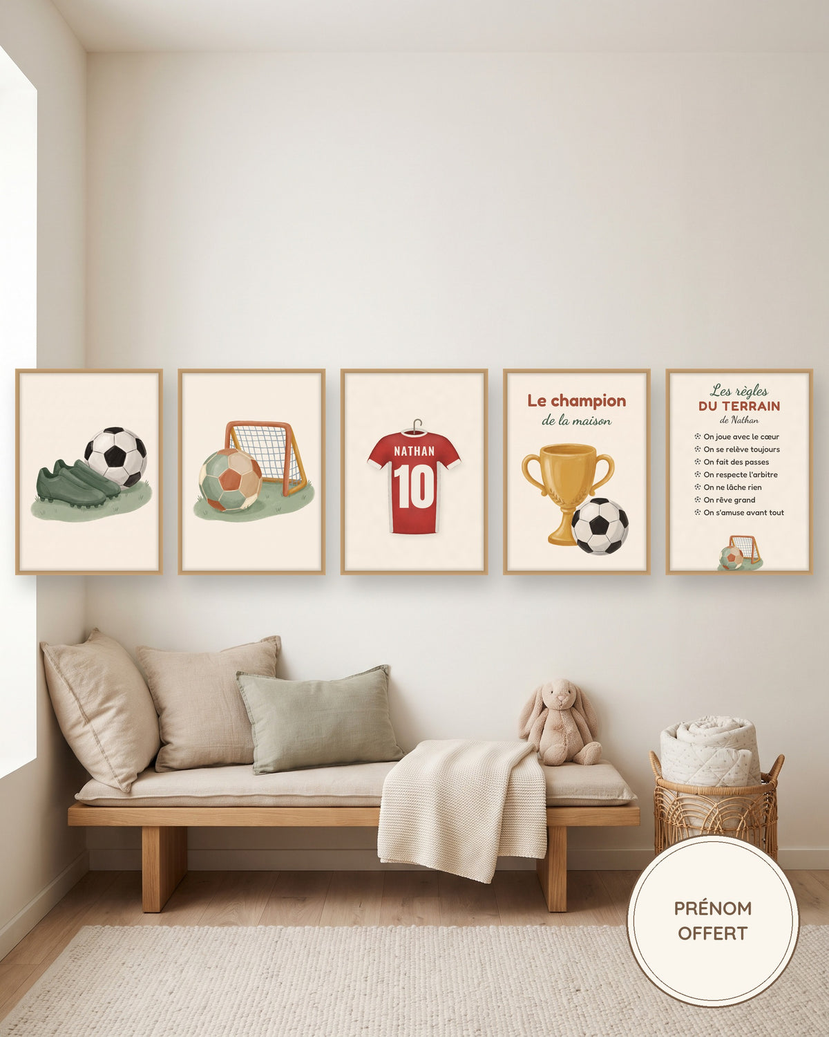 Lot de 5 affiches foot personnalisées, maillot, coupe et règles du terrain : les 5 affiches encadrées dans une chambre d’enfant, exemple personnalisé
