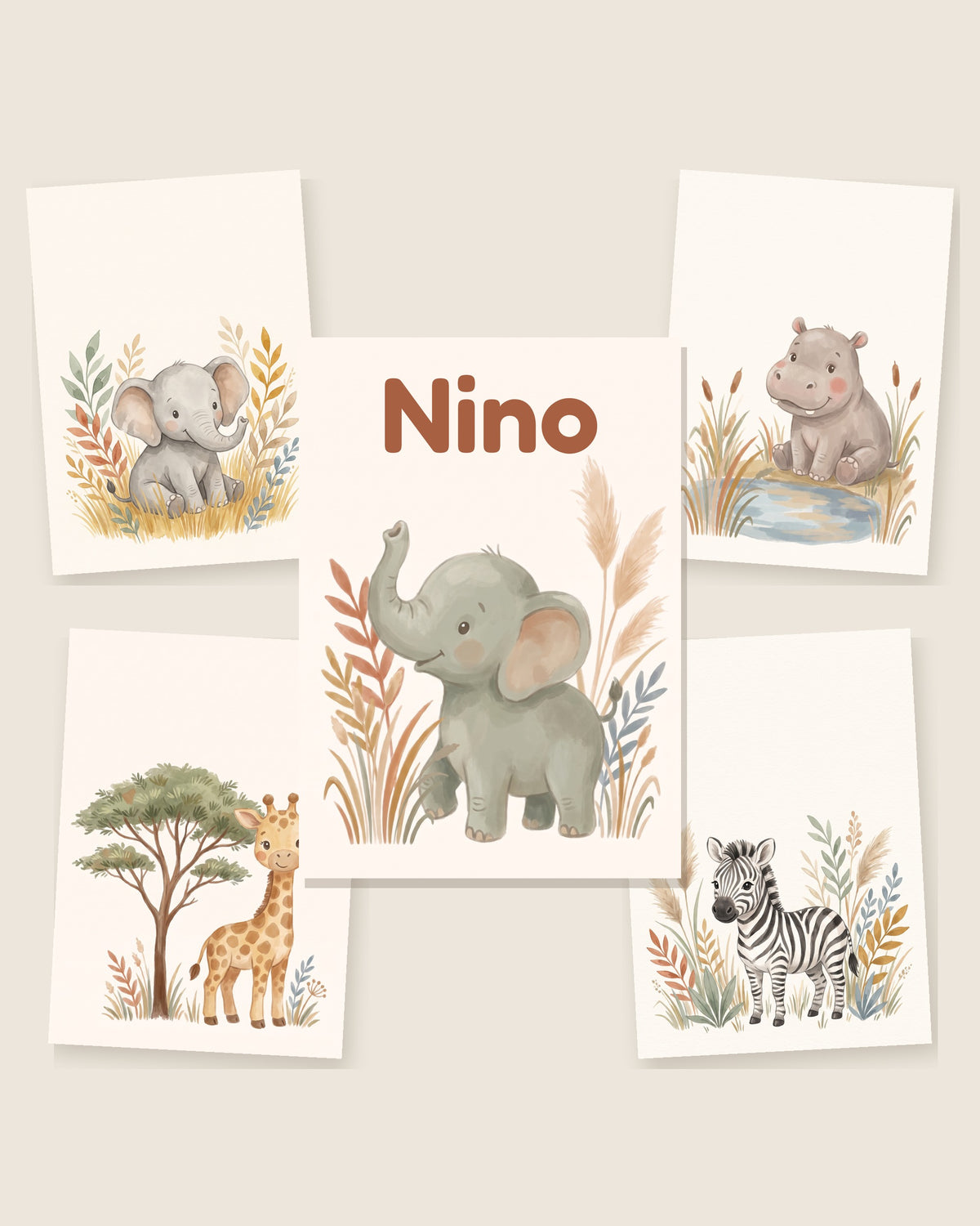 Lot de 5 affiches savane aquarelle, avec ou sans prénom : les 5 affiches assorties