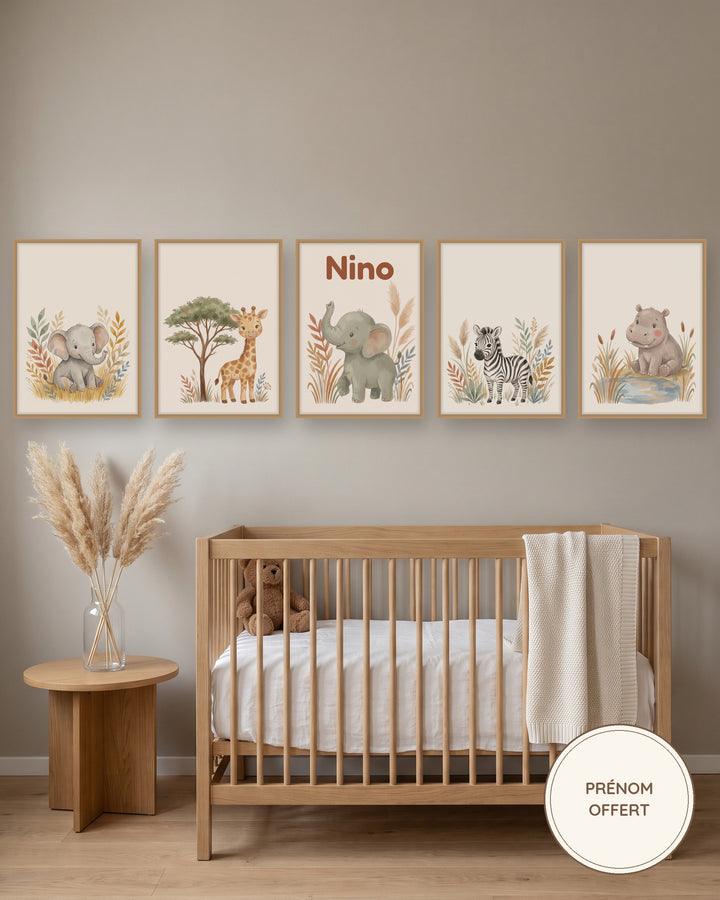 Lot de 5 affiches savane aquarelle, avec ou sans prénom : l’affiche encadrée, exemple personnalisé