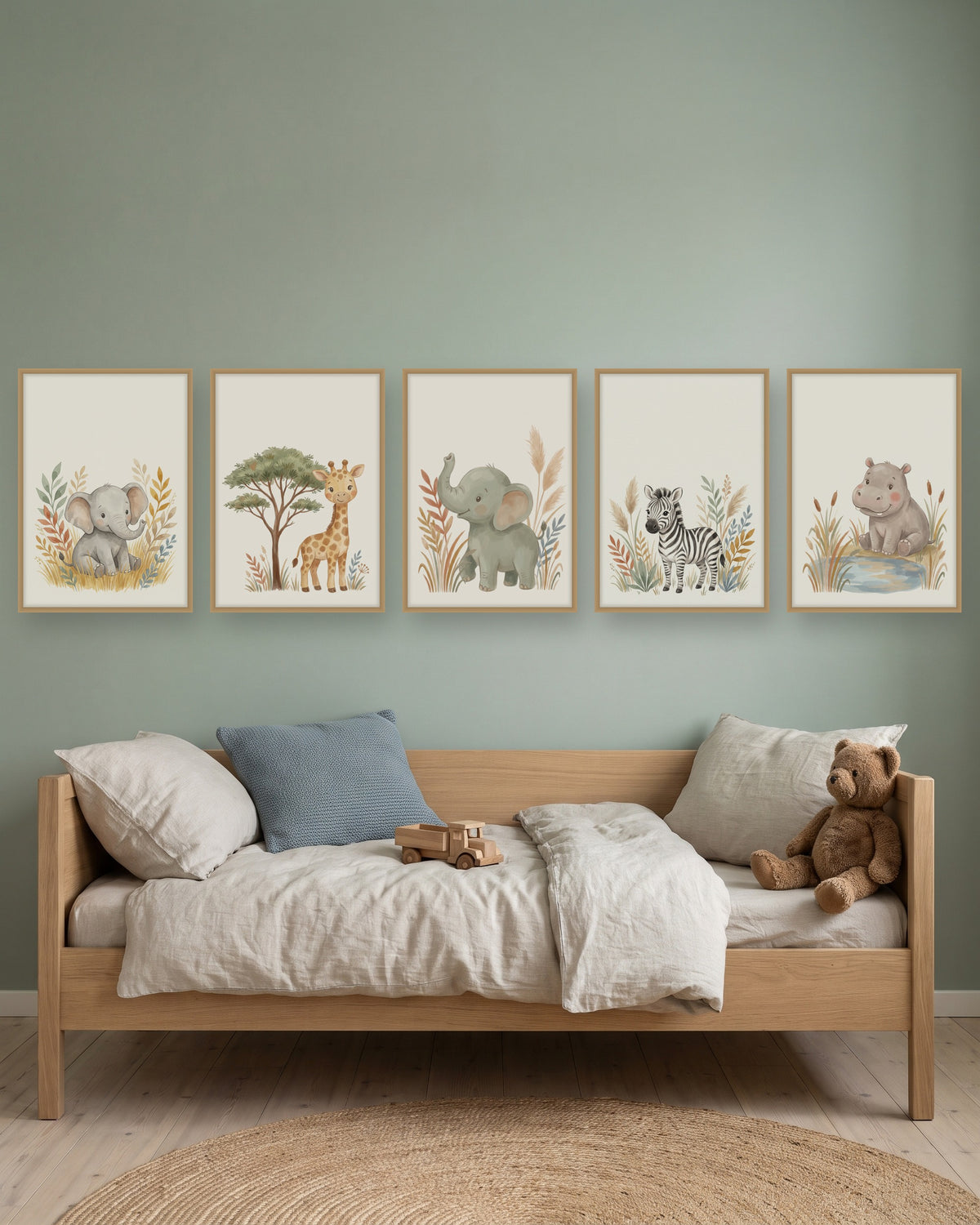 Lot de 5 affiches savane aquarelle, avec ou sans prénom : les affiches sans prénom, encadrées