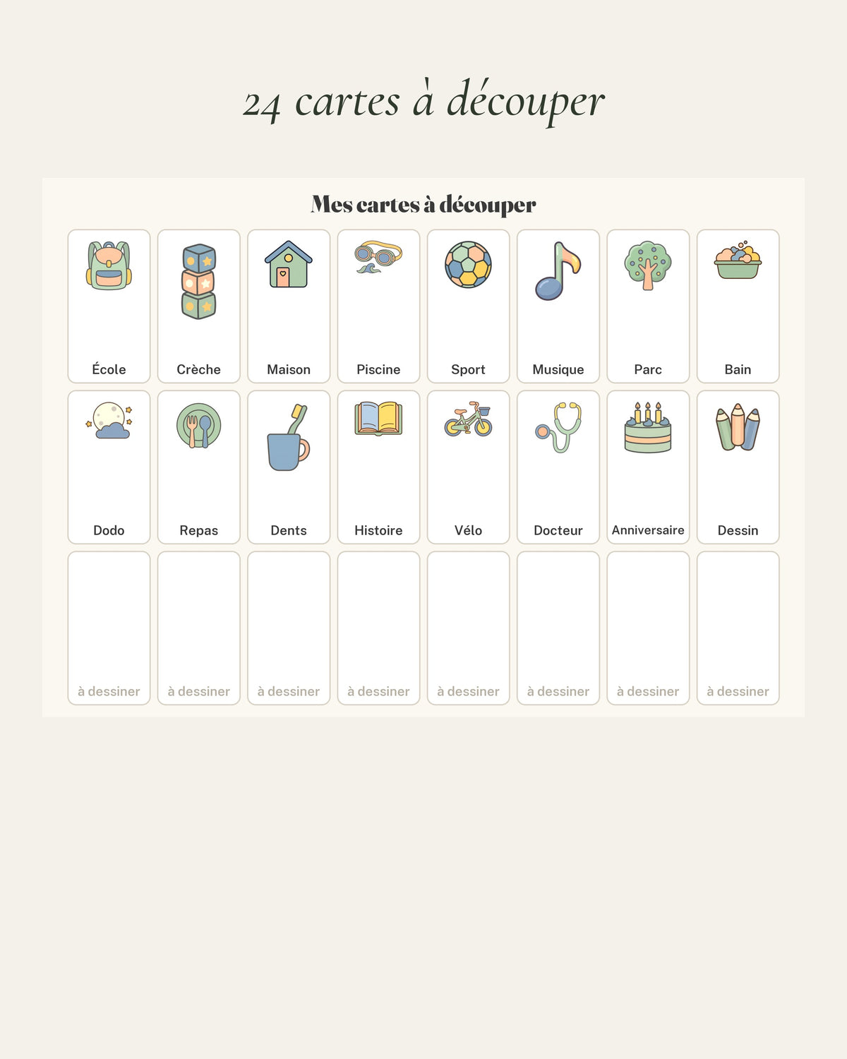 Semainier enfant à imprimer : les 24 cartes pictogrammes à découper