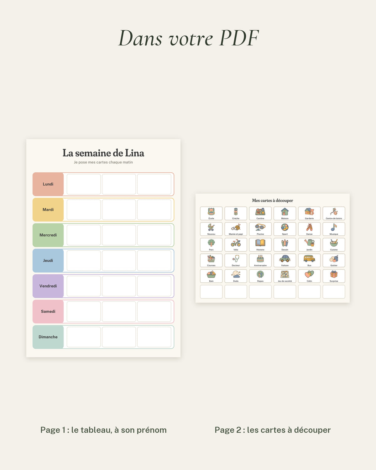 Semainier enfant personnalisé à imprimer, 30 cartes pictogrammes : le contenu du PDF, le tableau et les cartes à découper