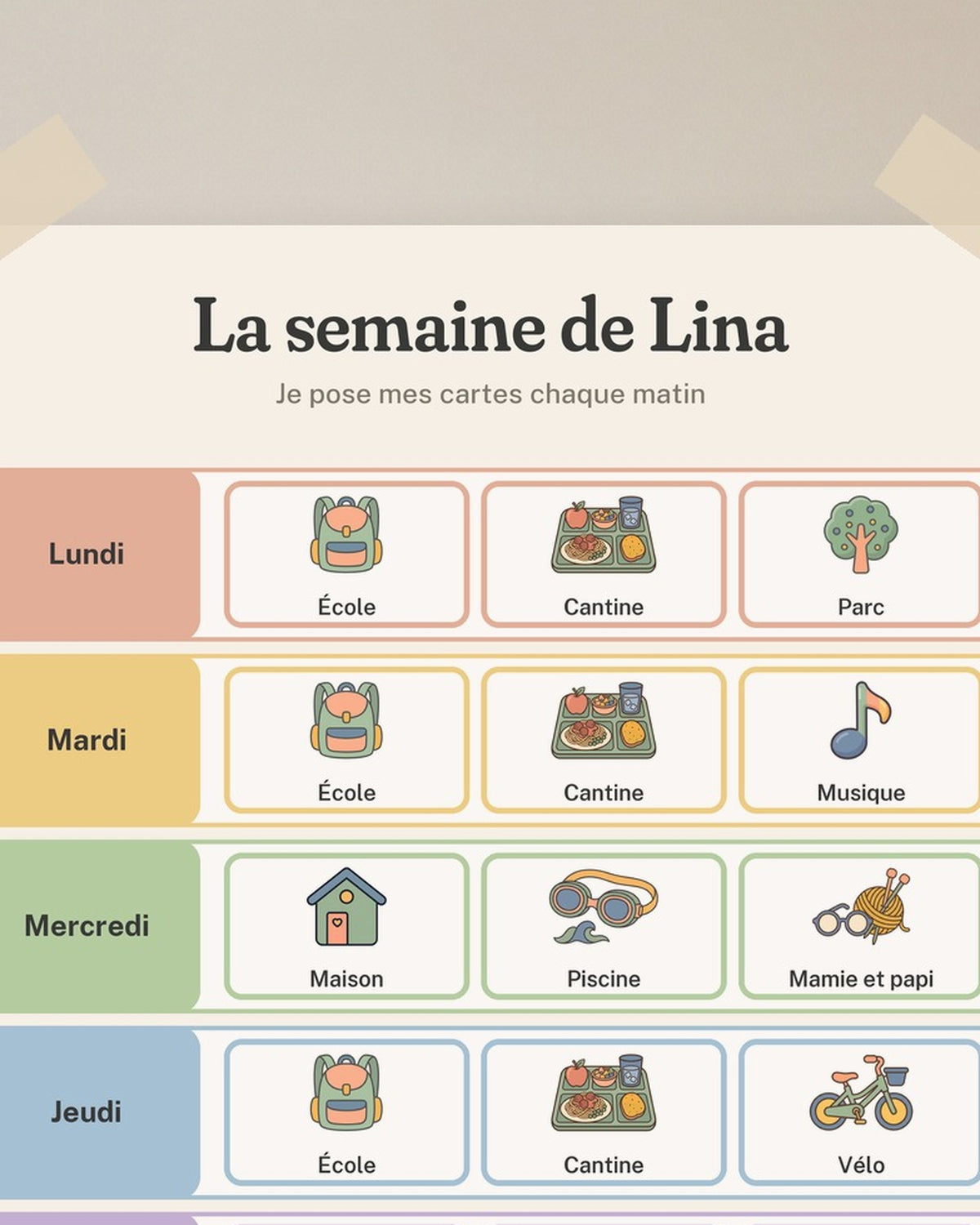 Semainier enfant personnalisé à imprimer, 30 cartes pictogrammes : gros plan sur l’affiche encadrée