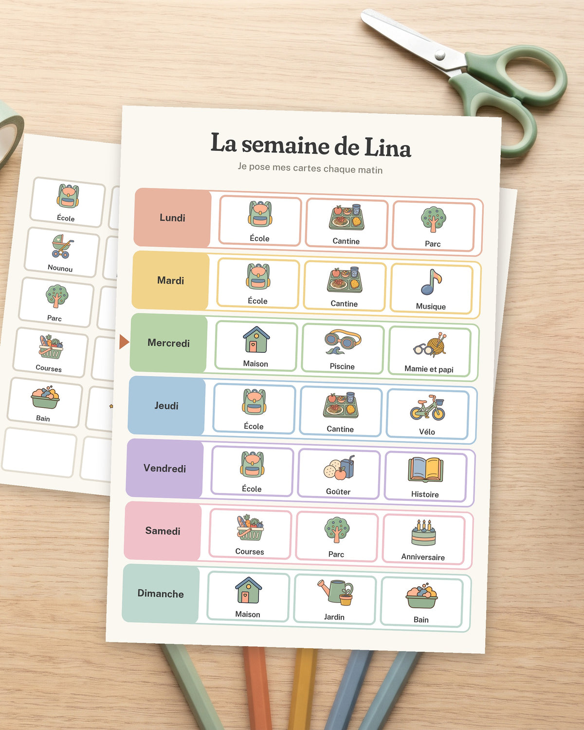 Semainier enfant personnalisé à imprimer, 30 cartes pictogrammes, autre exemple de mise en situation